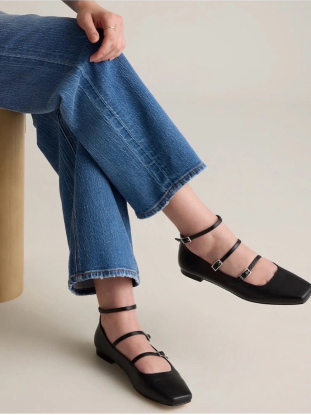 ASOS Black Triple-Strap Square-Toe Ballet Flats